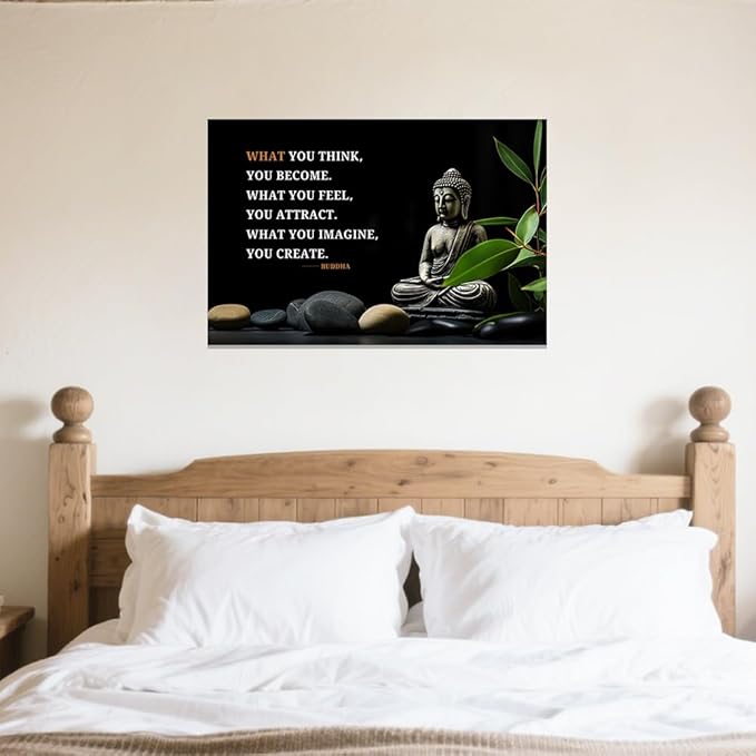 ZXHYWYM Buddhist Motivational Quotes Wall Art Canvas Prints Buddha Lotus Painting Zen Bathroom Pictures for Office Home Spa Yoga Room Wall Decor Framed (28" x 42")