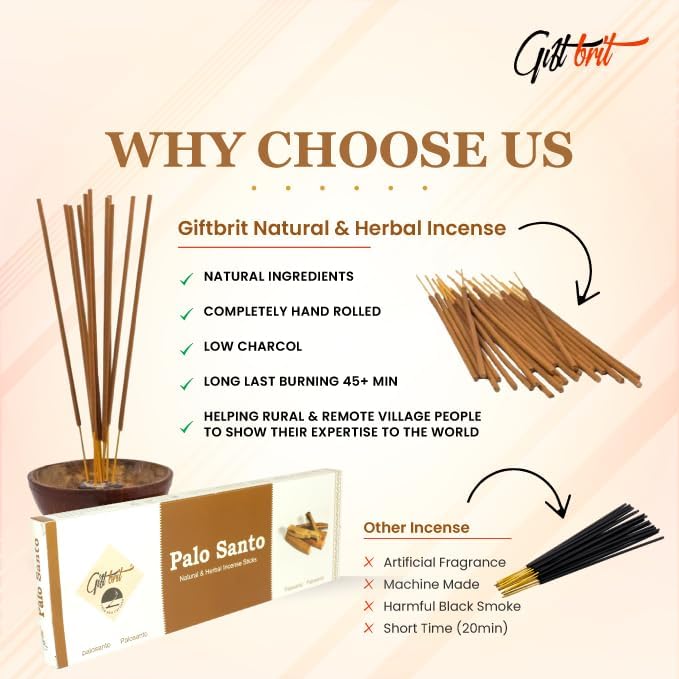 Giftbrit Palo Santo Natural & Herbal Incense Sticks 100 Sticks with Incense Holder for Meditation, Yoga, Church, Relaxation, Healing and Positivity