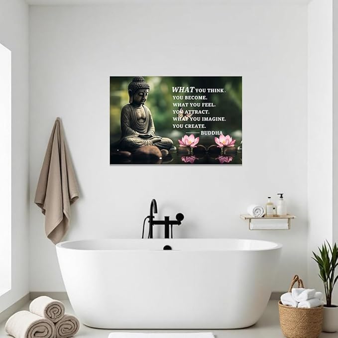 ZXHYWYM Buddhist Motivational Quotes Wall Art Canvas Prints Buddha Lotus Painting Zen Bathroom Pictures for Office Home Spa Yoga Room Wall Decor Framed (24" x 36")