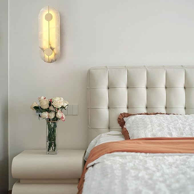 Nordic Style Marble Wall Light 16.7in Natural Stone Wall Lamp Warm White 3000K Energy Saving Alabaster Wall Sconce for Hotel Bedroom Bedside Decorative Lighting
