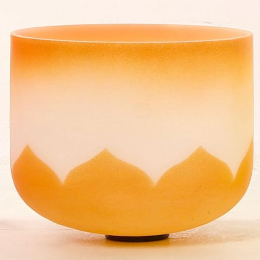 Leize Crystal Singing Bowl Lotus Design Colored Rim Chakra Tuned Quartz 11” wide Orange 432hz D Note with Suede Striker