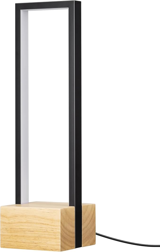 EDISHINE Modern Table Lamp, Dimmable LED Bedside Lamp with 3 Color Temps 3000K 4500K 6000K, Black Square Aluminum Frame, Complete Wooden Base, Nightstand Lamp for Bedroom