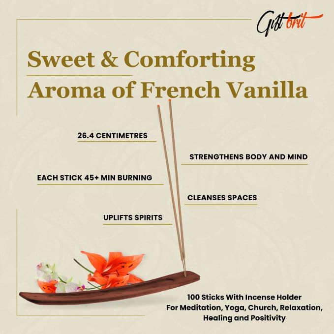 Giftbrit French Vanilla Fragrance Natural & Herbal Incense Sticks 100 Sticks with Incense Holder for Meditation, Yoga, Church, Relaxation, Healing and Positivity