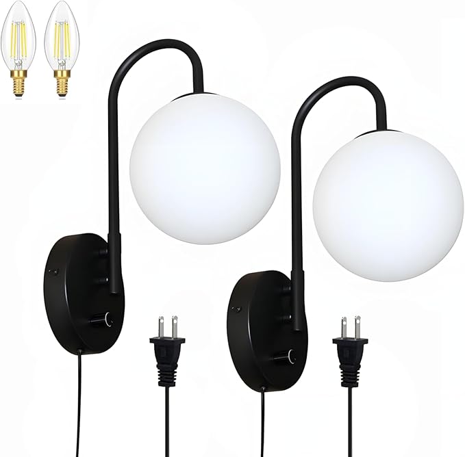 Plug in Wall Sconces Decor Set of Two, Modern Black Globe Wall Lamp, Stepless Dimmable Gooseneck Wall Light for Living Room Bedroom Hallway,Milky White Glass Shade, 2-Pack E12 Bulb, Optional Hardwired