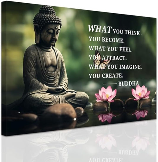 ZXHYWYM Buddhist Motivational Quotes Wall Art Canvas Prints Buddha Lotus Painting Zen Bathroom Pictures for Office Home Spa Yoga Room Wall Decor Framed (16" x 24")