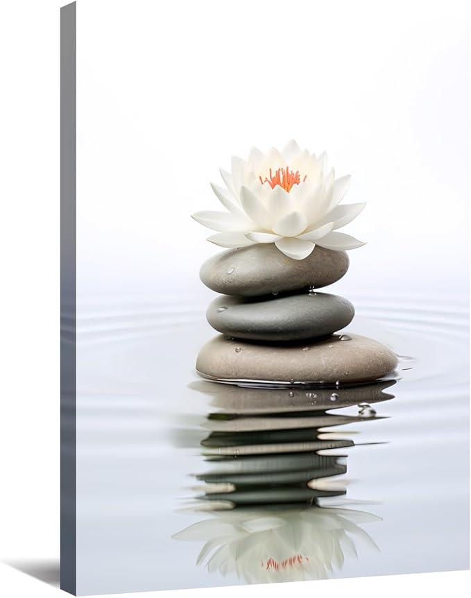 KPLUNDO Zen Wall Art Lotus Canvas Print Spa Stone Picture Meditation Painting Vintage Artwork for Bathroom Living Room Office Modern Home Decor Frame Gallery Wrap(Art-4,12.00x18.00 inch)