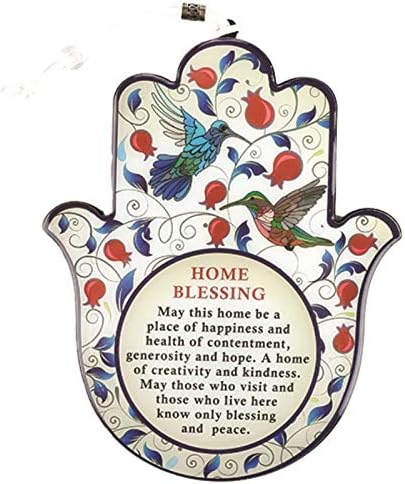 Epoxy Hamsa English Home Blessing 7.5" with Red Pomegranates Motif - Good Luck Hamsa Hand Wall Hanging Decor, Evil Eye Protection Amulet