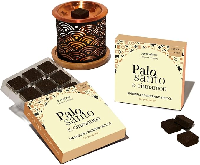 Palo Santo & Cinnamon Smokeless Incense Bricks & Rainbow Burner | 2 x 9 bricks | Aromatherapy | Smudging | Made with Essential oils | Natural Air fresheners for home | Spiritual Meditation Accessories