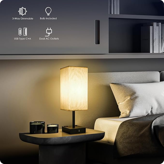 Bedside Table Lamp for Bedroom - Touch Small Lamp with USB C+A Charging Ports & AC Outlets, 3 Way Dimmable Nightstand Light for Living Room (LED Bulb Included, Flaxen)