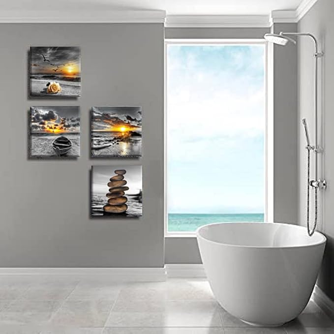 Bamdeya Black and White Gold Wall Decor Sea Sunset Beach Wall Art Seascape Zen Painting Sunrise Wall Picture Ocean Canvas Print for Living Room Bedroom Bathroom Home Wall Decoration Framed Wall Art