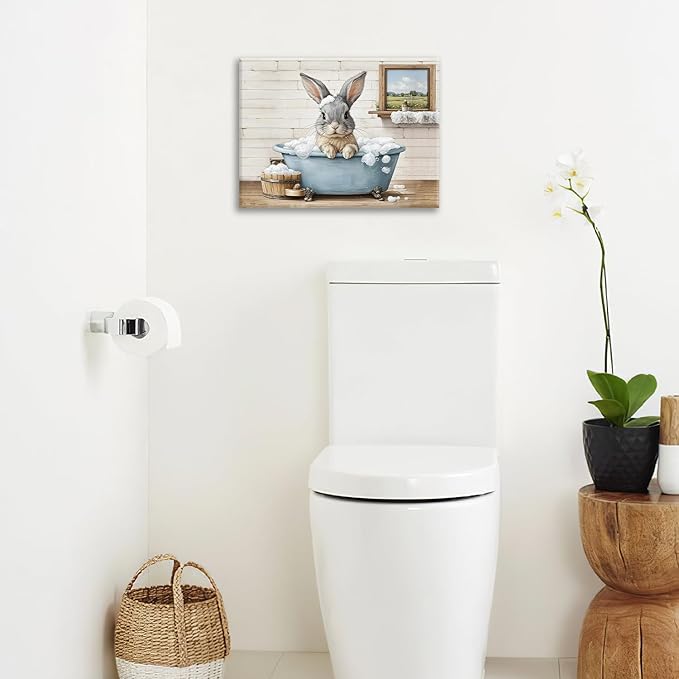 Farmhouse Bunny Bathroom Decor Wall Art Rabbit Pictures Canvas Prints Rustic Country Bathroom Painting Artwork Easter Decoration Framed Gifts for Women Girl Restroom Toilet 16"x24"