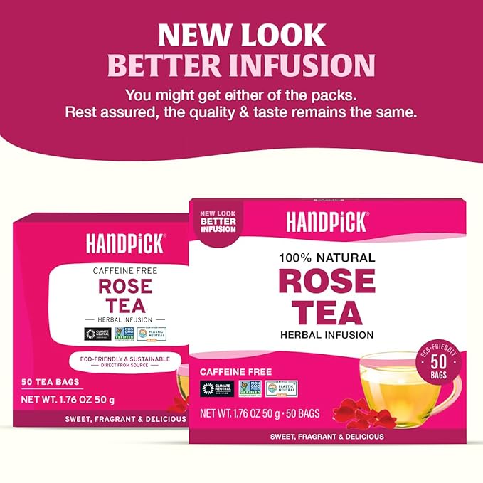 HANDPICK, Rose Buds Herbal Tea Bags - 50 Count | Caffeine Free Tulsi Tea with Chamomile & Rose Extracts | Floral & Smooth | Round Eco-conscious Tea Bags
