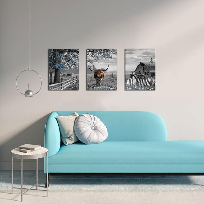 yiijeah Western Wall Decor - Rustic Blue Tree Brown Cow 3 Piece Wall Art - Farmhouse Black and White Picture Canvas Artwork for Walls - Field Scenery Wall Art