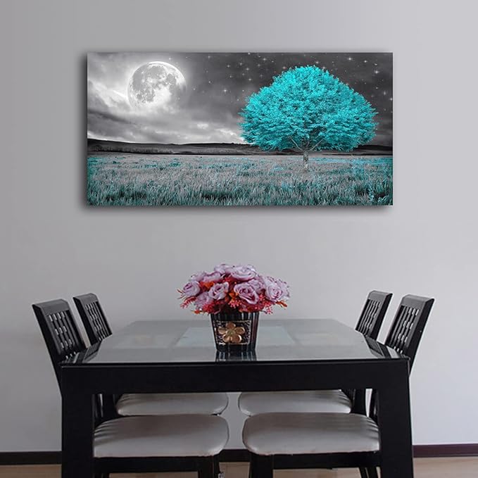 Tree of Life Wall Art Picture Canvas Prints Room Wall Décor Blue Tree with Full Moon Paintings for Living Room Bathroom Bedroom Home Kitchen Decorations Natural Artwork Wooden Framed 28x57inches