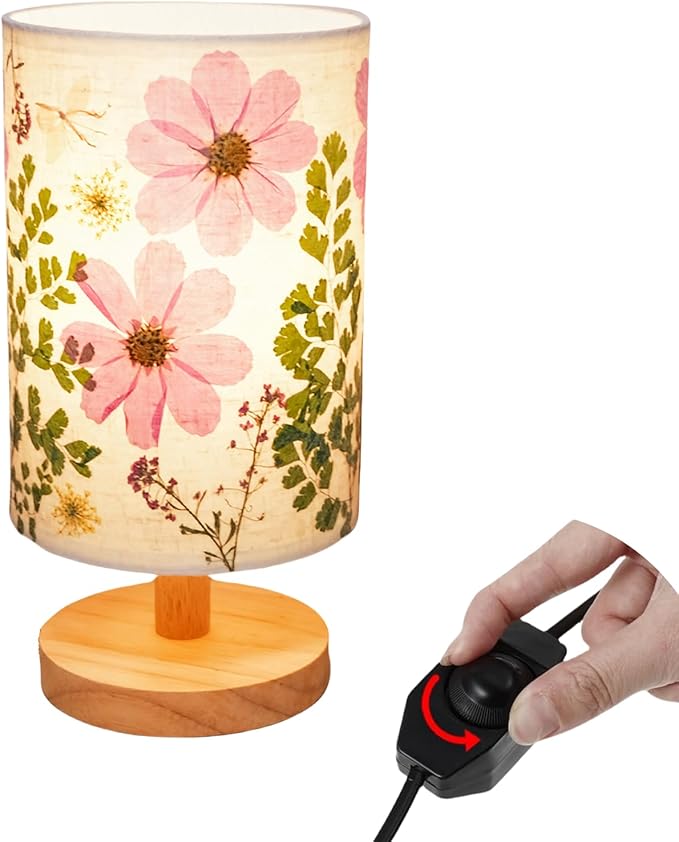 Dried Flowers Table Lamp 9W LED Dimmable Warm Light Pressed Flower Bedside Lamp Linen Shade with Wood Base for Bedroom Living Room Desk Office