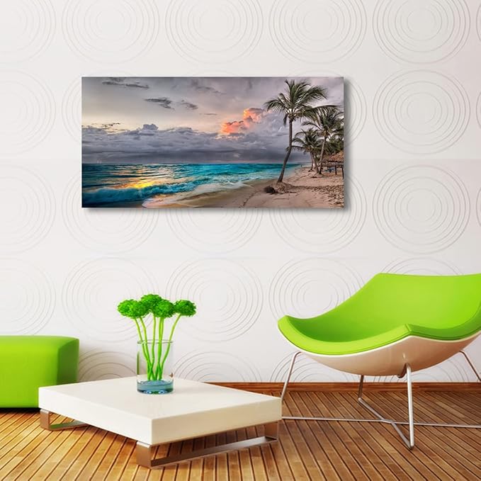 Beach Pictures Wall Art Canvas Prints Seascape Poster Bathroom Decor Blue Ocean Green Tree Painting for Living Room Bedroom Home Kitchen Decoration 20x40 Wooden Frame Natural Landscape Artwork