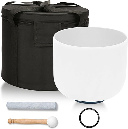 432HZ 8 Inchs F Note White Frosted Crystal Singing Bowl for Meditation Healing Yoga Chakra Quartz Crystal Sound Bowls with Heavy Duty Carry Case and Rubber Mallet,Suede Striker,O-rings