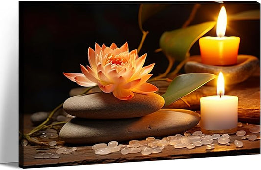 KPLUNDO Zen Canvas Wall Art - Bathroom Wall Decor Lotus Candle with Black Stones Picture Meditation Relax Artwork for Spa Yoga Spiritual Room Decor Frame(12.00x18.00 inch)
