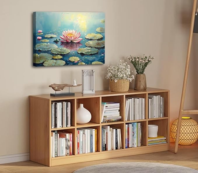 Pink Lotus Wall Art Prints,Framed Watercolor Lotus Flower Print Wall Art for Zen Office Decor Wall Art,Botanical Canvas Art Print for Bathroom Home Office Living Room Yoga Decor(12" x16)