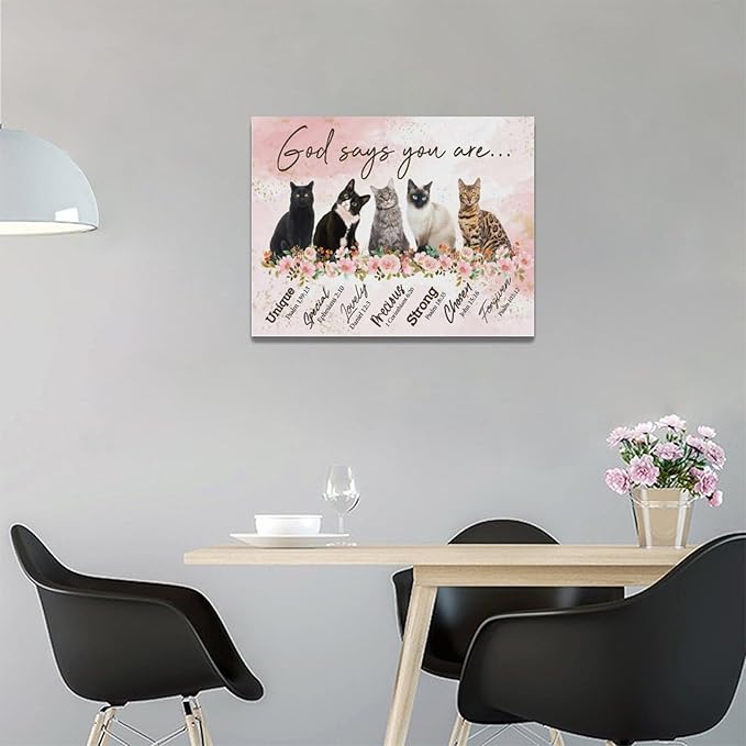 God says you are decor wall art cat canvas Pictures Christian Wall Decor flower Canvas for Girl’s Room Prints Painting Framed Artwork for Bathroom living room Bedroom 16"x12"