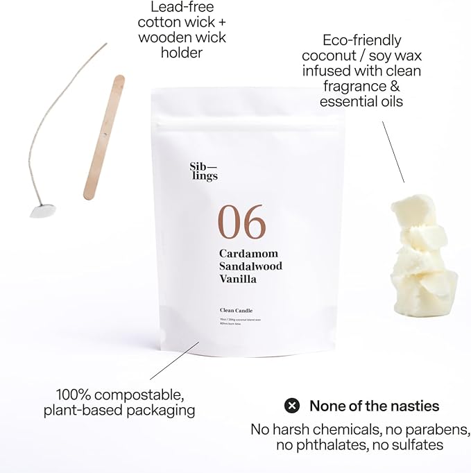 Siblings Candle Making Kit | DIY Coconut-Soy Wax Candle Kit with Wooden Wick | Scent No 06: Cardamom, Sandalwood, Vanilla | Clean, Non-Toxic, Reusable, 60 Hr Burn