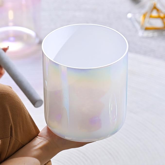 432HZ 7 inch C note Clear White Quartz Handle Crystal Singing Bowl with Mallet & O-ring