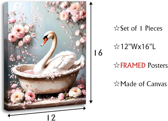 Framed Swan Wall Art Prints,Swan Bathroom Wall Art,Swan In Bathtub Poster Print,Rustic Watercolor Swan Vintage Art Pictures for Bedroom Bathroom Office Decor(12''x16'')