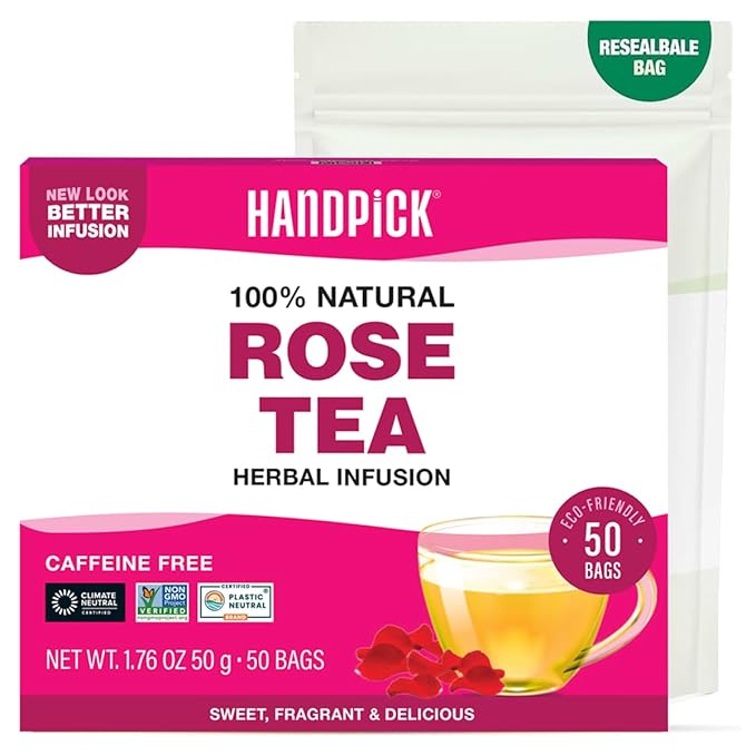 HANDPICK, Rose Buds Herbal Tea Bags - 50 Count | Caffeine Free Tulsi Tea with Chamomile & Rose Extracts | Floral & Smooth | Round Eco-conscious Tea Bags