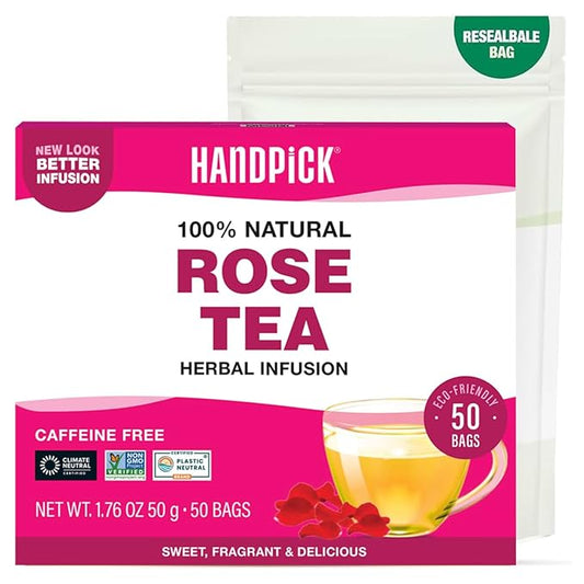 HANDPICK, Rose Buds Herbal Tea Bags - 50 Count | Caffeine Free Tulsi Tea with Chamomile & Rose Extracts | Floral & Smooth | Round Eco-conscious Tea Bags