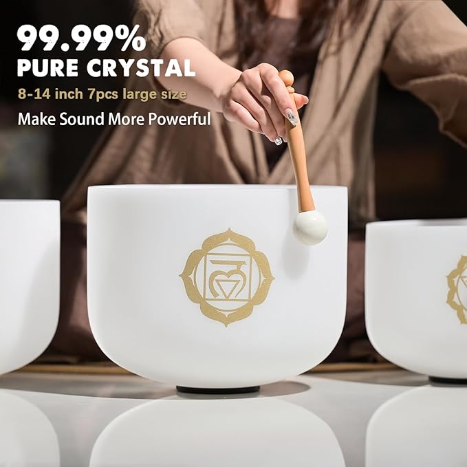 432HZ 8-14 Inch Chakra Symbol Design Frosted Quartz Crystal Singing Bowl Set of 7 PCS with Grey Bags for Sound Healing and Meditation