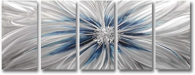 RICHSPACE ARTS Contemporary Metal Wall Art Blue and Silver Modern Sculpture Decor for Living Room 3d Flower Aluminum Artwork for Home and Office Farmhouse Style