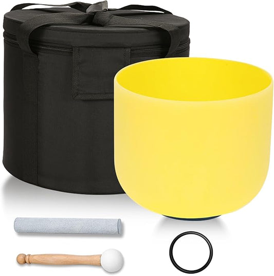 432HZ 8 Inchs E Note Yellow Frosted Crystal Singing Bowl for Meditation Healing Yoga Chakra Quartz Crystal Sound Bowls with Heavy Duty Carry Case and Rubber Mallet,Suede Striker,O-rings