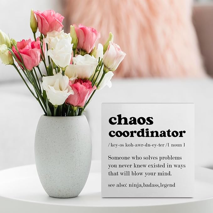 Funny Chaos Coordinator Office Supplies Rustic Desk Decor White Wooden Box Sign Thank You Gifts for Coworker Manager Boss Teacher Farmhouse Wood Plaque Cubicle Accessories Home Shelf Table Decorations