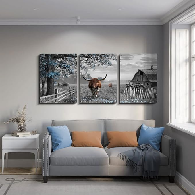 Yiijeah Large Brown Cow Wall Art - Blue Tree Pictures Farmhouse Wall Decor for Living Room & Master Bedroom - 16x24 Inches