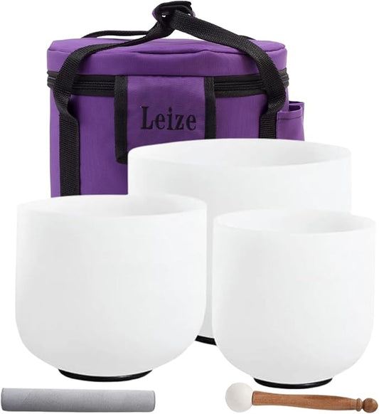 Leize Crystal Singing Bowl Tuned Quartz with Suede Striker Carry Case Bag, Set of 3 PCS 432HZ 6" B 7" G 8" F, Frosted White