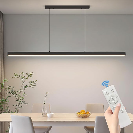 57" LED Linear Pendant Light Fixtures, 25W Dimmable Pool Table Light with Remote, Modern Island Lights for Kitchen Dining Room Living Room Office Bar, 3000k-6000k, Black