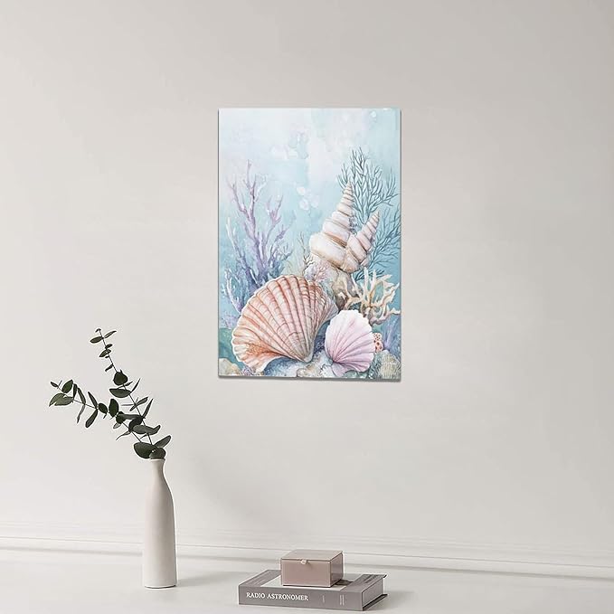 Fleruku Beach Coral Shells Wall Art Nautical Sea Wall Decor Ocean Pictures Canvas Painting Artwork Home Decorations for Living Room Bedroom Bathroom Office Nursery 16"x24"