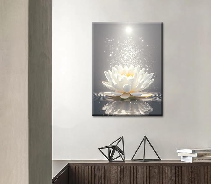Framed Lotus Floral Pictures Wall Art for Zen Office Decor Meditation Poster,Lotus Floral Wall Art,White Lotus Print,Lotus Flower Bloom in Water Picture Bathroom Decor(12"x16")