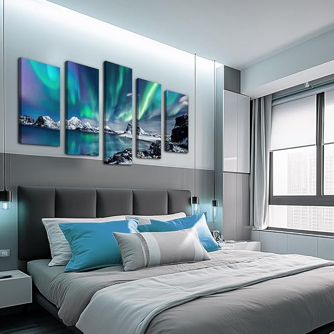 Large Wall Decor For Living Room Canvas Wall Art For Bedroom Blue Aurora Scenery Paintings Modern Canvas Art Prints Ready To Hang Office Pictures For Home Wall Decorations Artwork 5 Piece Set