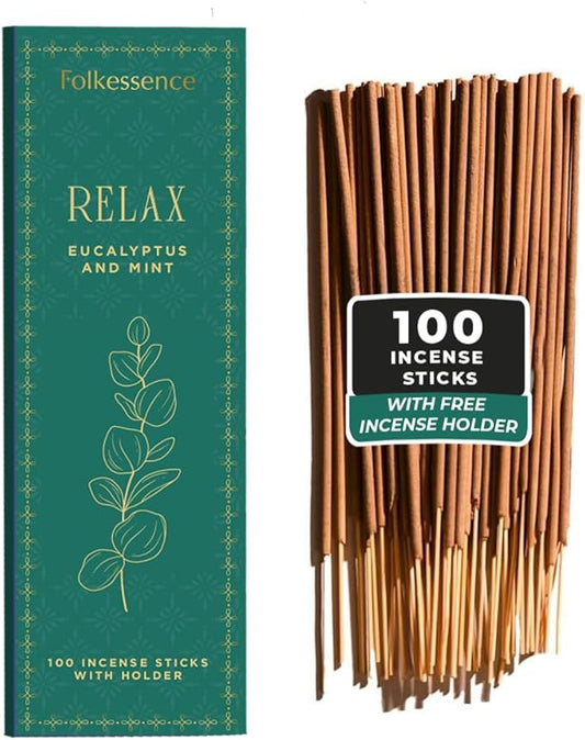 Folkulture Incense Sticks | Set of 100 Insence-Sticks with Holder for Relaxation | Eucalyptus & Mint Incense | Organic, Slow Burning & Non Toxic Inscents for Meditation |Rejuvenating Fragrance