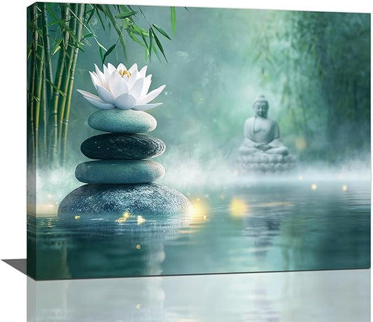 Olivine Zen Decor Wall Art, Lotus Pictures Wall Decor, Stones Flower Bloom Canvas Prints Painting, Framed Artwork for Meditation Bathroom Bedroom Living Room Office Home Decoration 20"x16"