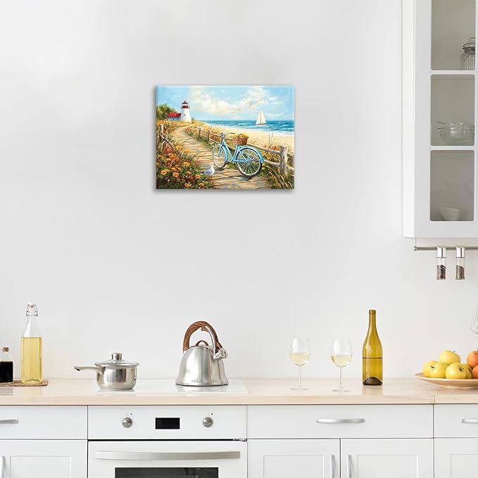 Olivine Coastal Wall Art, Beach Bicycle Pictures Wall Decor, Lighthouse Painting, Ocean Seascape Canvas Prints, Framed Artwork for Living Room Bedroom Bathroom Kitchen Office Home Decoration 16"x12"