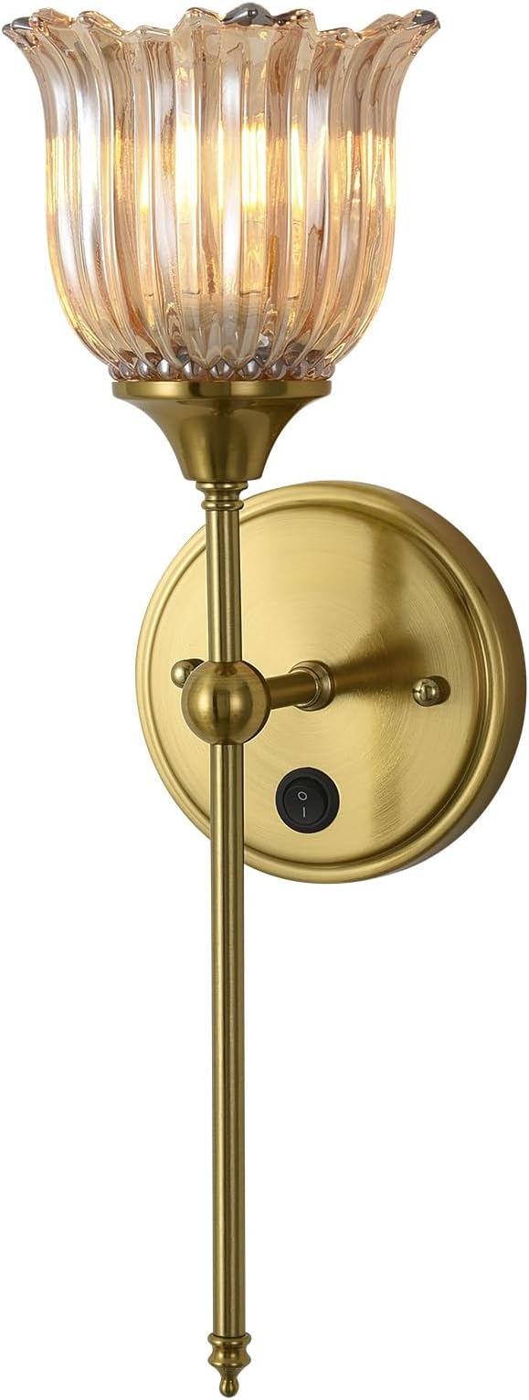 Modern Wall Sconces with Amber Flower Glass Shade 1 Pack, Mid Century Bathroom Vanity Wall Light Fixtures Gold Vintage Wall Lights with Switch for Mirror Bedroom Living Room
