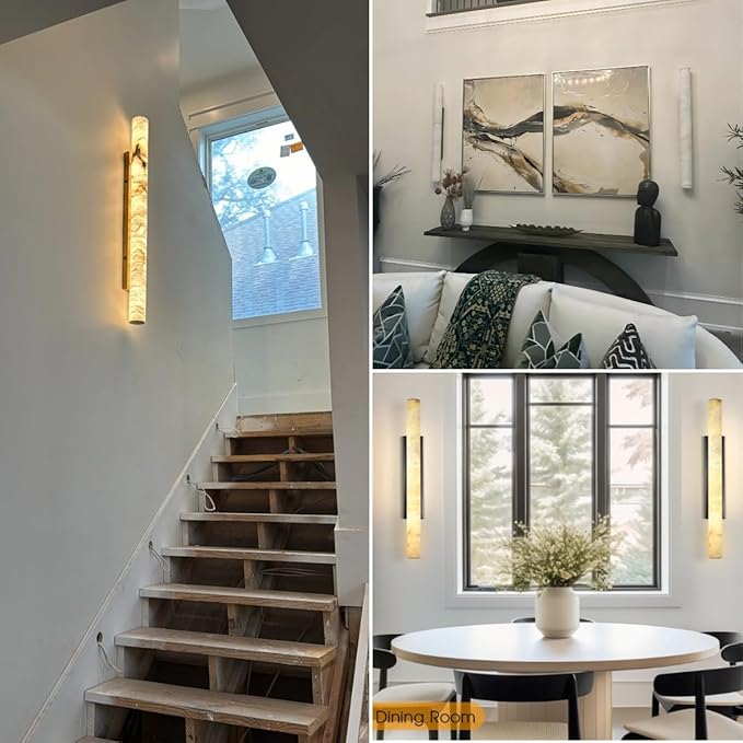 Alabaster Wall Sconces, 36" Large Bronze Wall Sconce, Modern Sconces Wall Lighting, Spanish Natural Marble Wall Sconce Light for Living Room, Bedroom, Hallway, Stairs