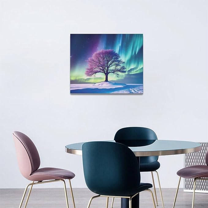 Northern Lights Bathroom Decor Aurora Wall Art Tree canvas Snow Painting Canvas Prints Framed Artwork for Bathroom kitchen Bedroom Living Room 20"x16"
