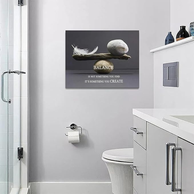Zen Stone Wall Art Meditation Spiritual Wall Decor Inspirational Balance Feather Pictures Canvas Prints Framed Home Decorations Painting Artwork for Living Room Bedroom Office Bathroom 16"x12"