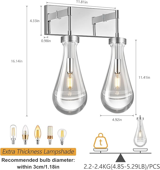 Raindrop Wall Sconces Chrome Crystal Sconces Wall Decor Modern Brass Lighting Glass Bathroom Sconces Indoor Vanity Light Wall Lamp for Bedroom Living Room Stair(2-Light)