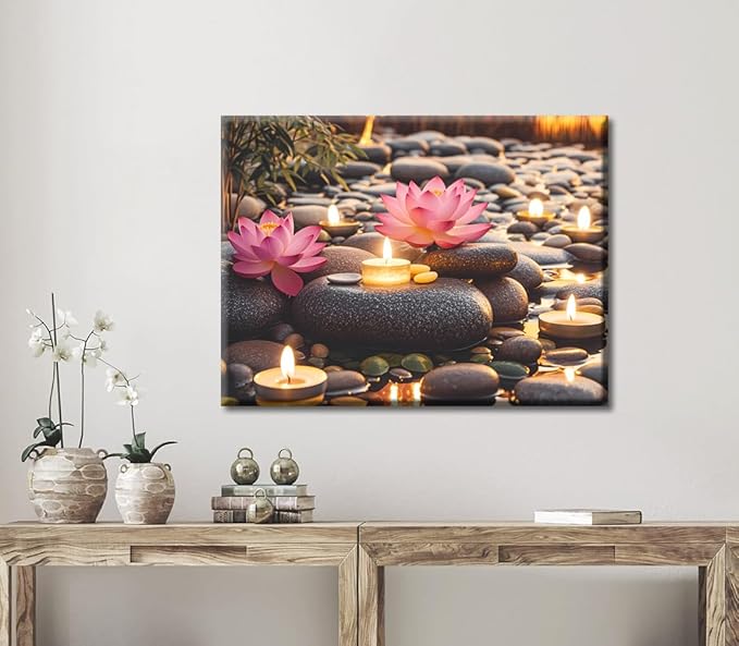 Zen Water Lily Canvas Wall Art,Pink Floral and Yellow Candle on Stone Bedroom Wall Decor,Modern Spiritual Yoga Spa Painting Picture Artwork for Zen Office Decor Bathroom Home(12"x16"Framed)