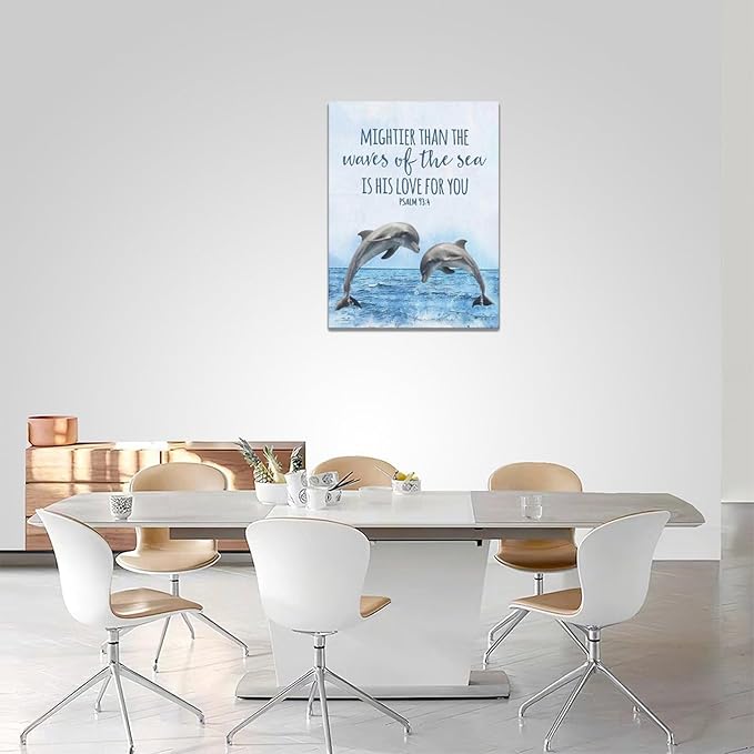 Dolphin Bathroom Decor Wall Art Ocean Coastal Wall Decor Scripture Canvas Bible Verse Prints Painting Framed Artwork for Bathroom living room Bedroom 12"x16"