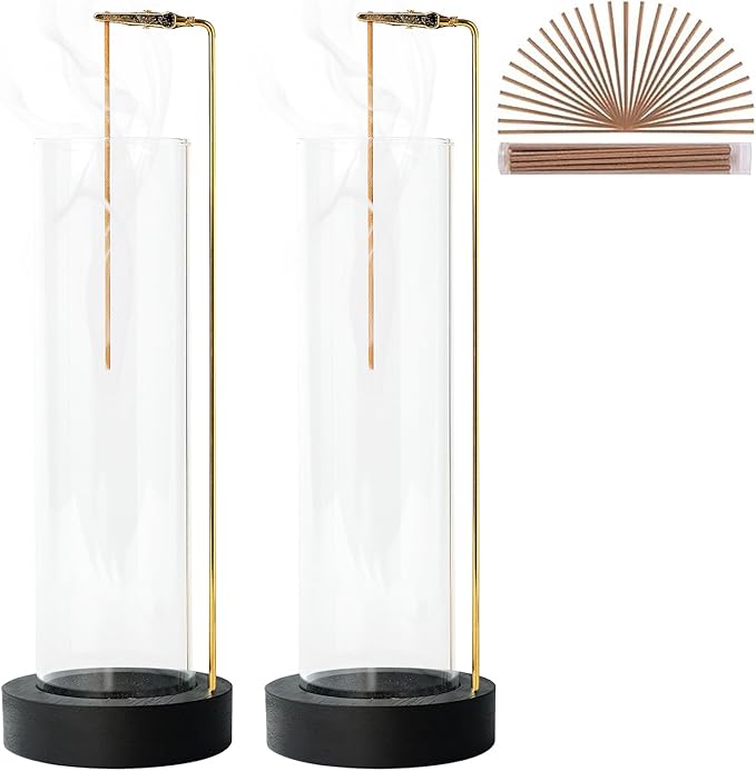 Incense Holder for Sticks, Anti-Ash Flying Incense Burner with 30 Incense Sticks, Detachable Glass Ash Catcher (Black, 2Pcs